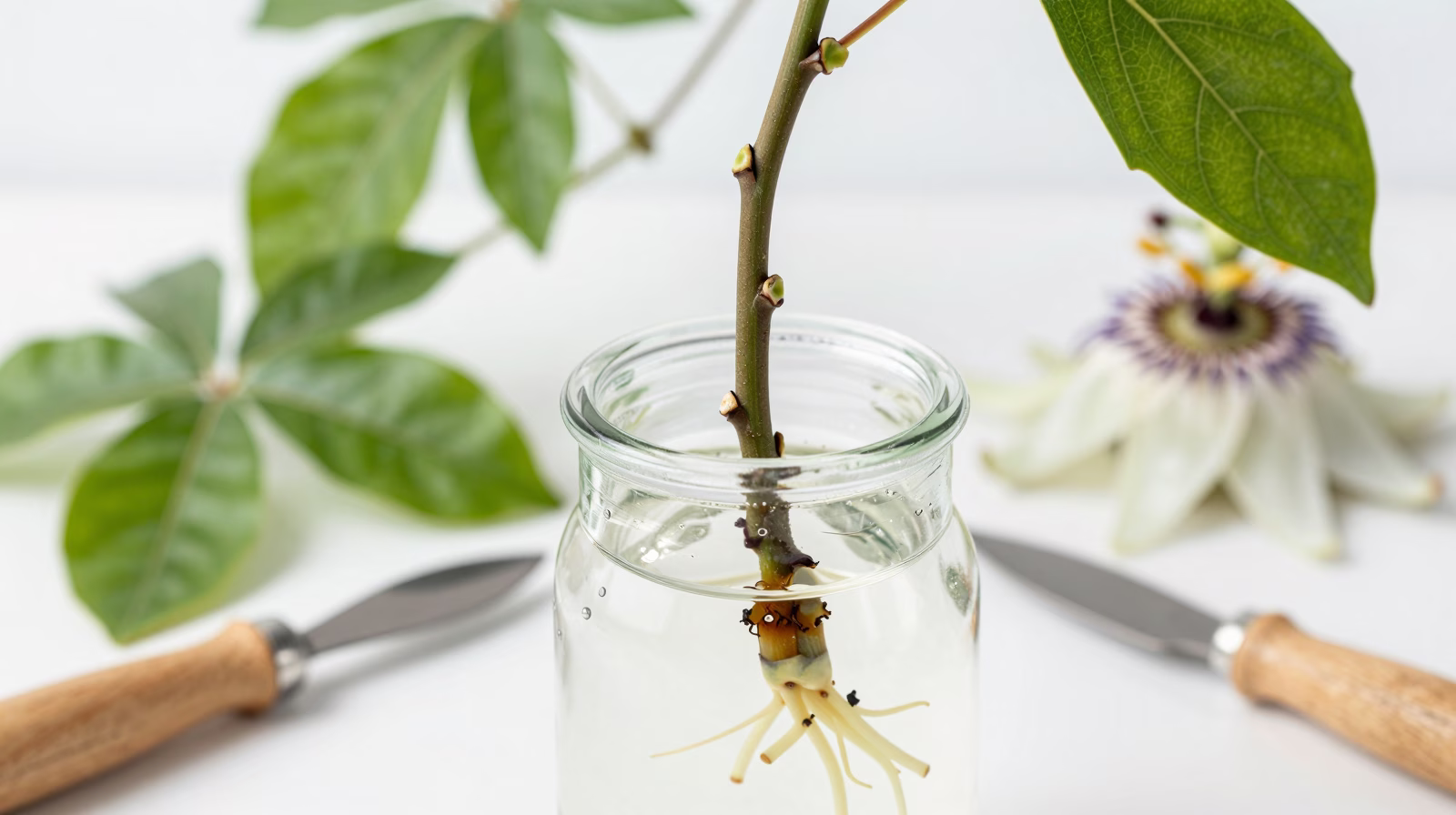 Bouture de passiflore en cours d'enracinement dans un verre d'eau avec racines visibles