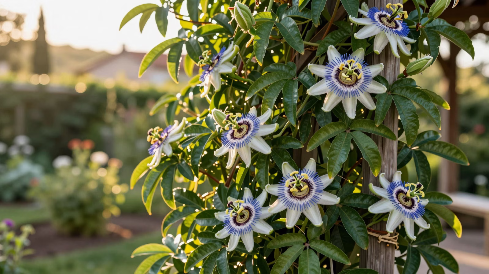 Passiflore grimpante en pleine floraison sur un treillage dans un jardin ensoleillé