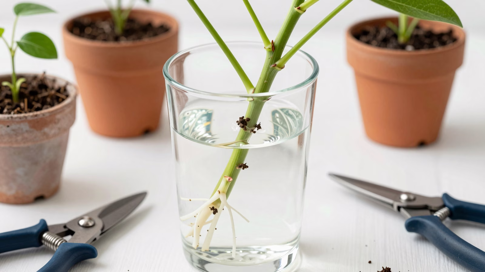 Bouture de Fatsia japonica en cours d'enracinement dans un verre d'eau avec racines blanches visibles