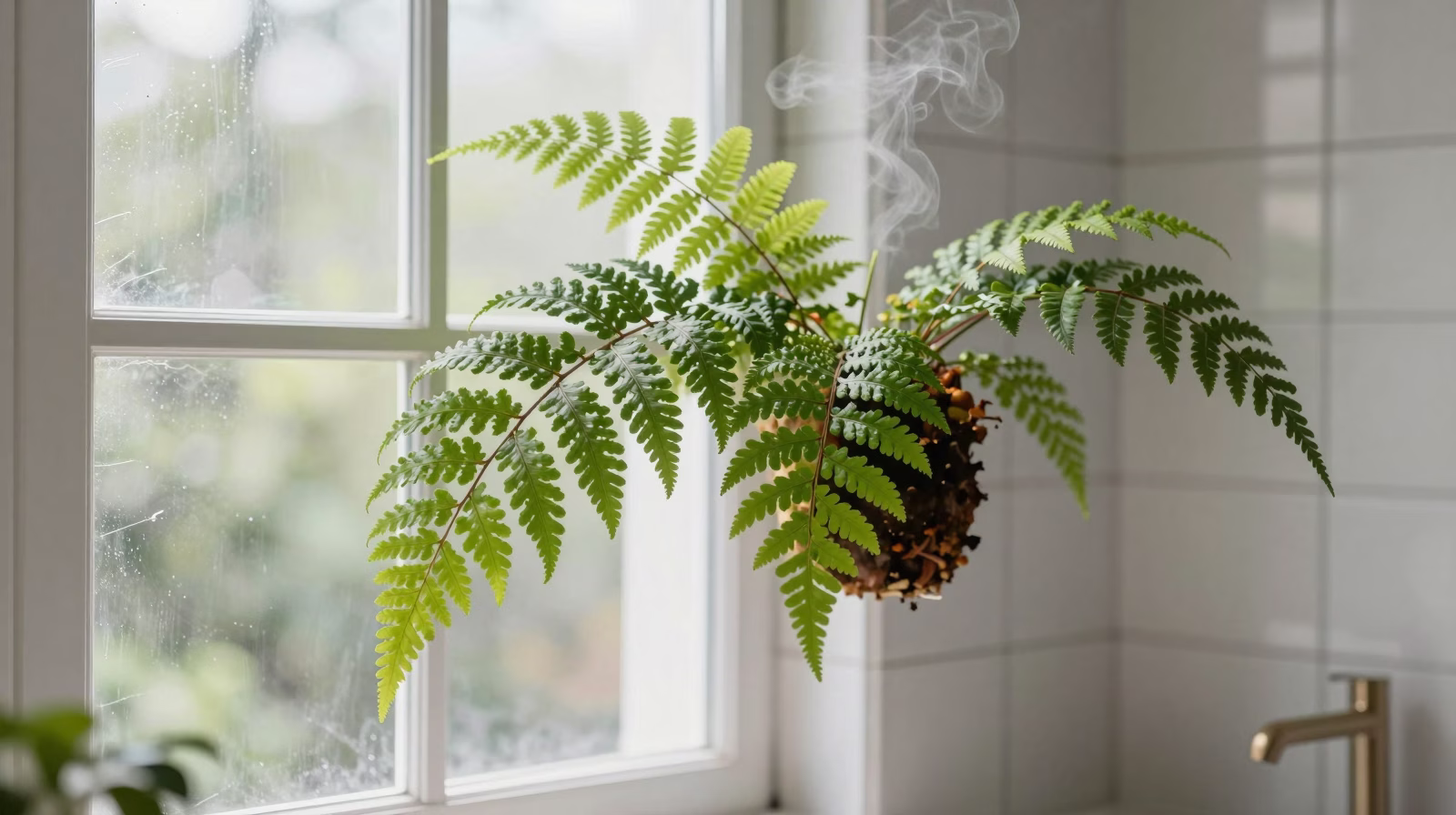 Adiantum prospérant dans une salle de bain lumineuse et humide