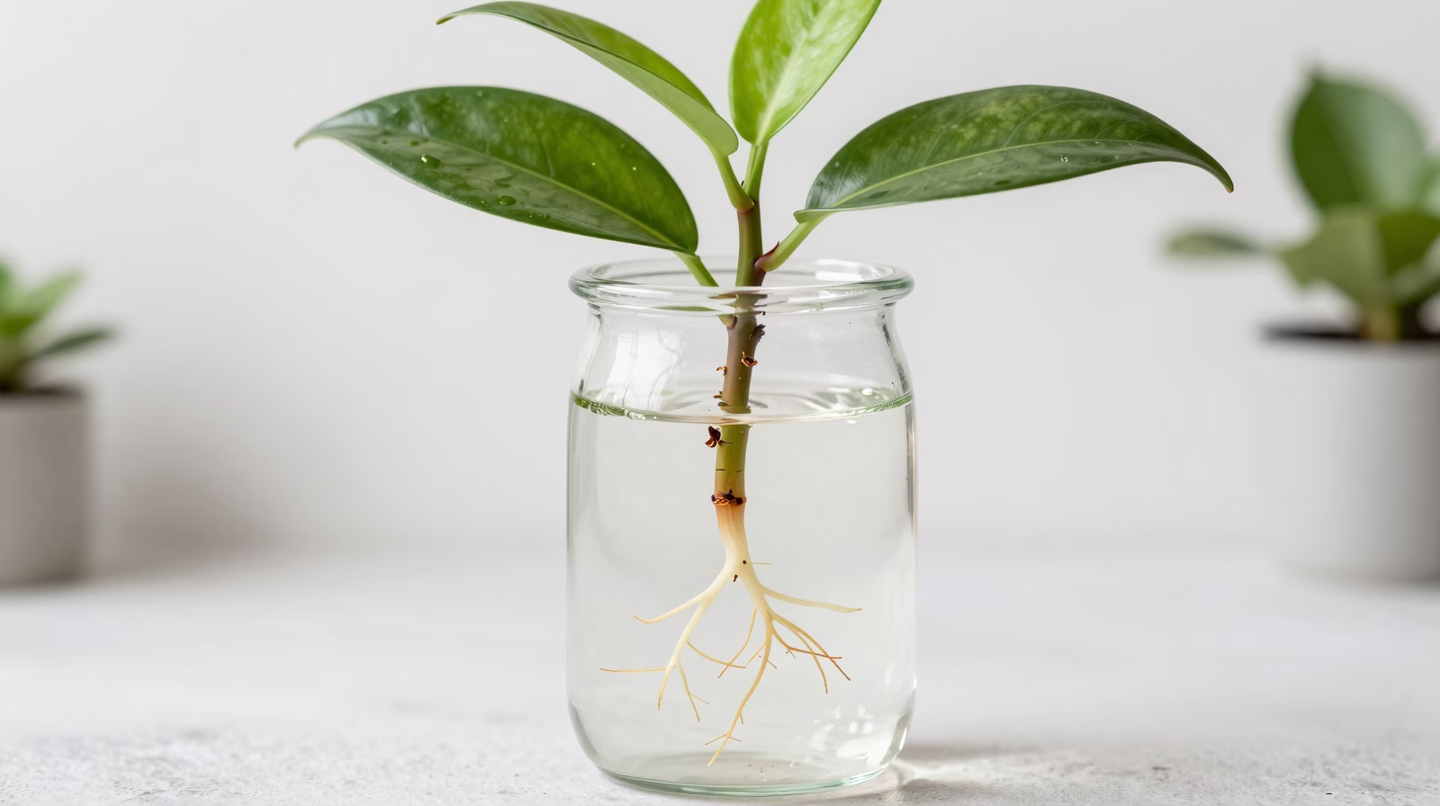 Bouture d'Aeschynanthus dans l'eau montrant le développement des racines