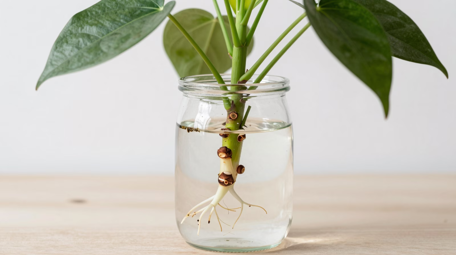 Bouturage d'Aglaonema dans l'eau avec racines visibles