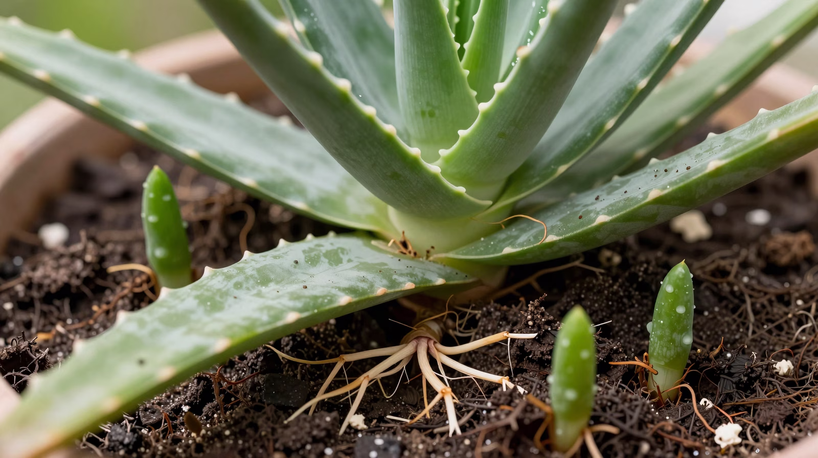 Rejets d Aloe vera à la base de la plante mère prêts à être séparés