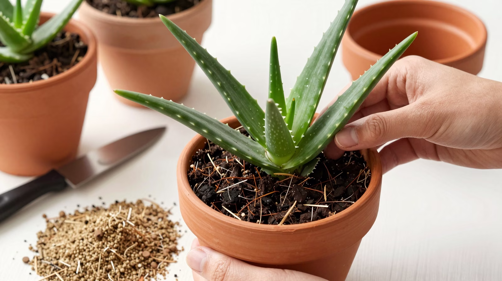Rempotage d un rejet d Aloe vera dans un substrat drainant