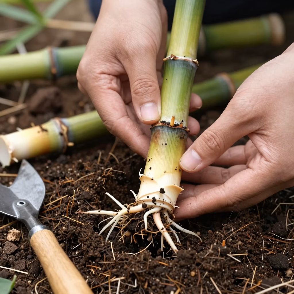 Bouture de bambou avec rhizome prêt à être replanté