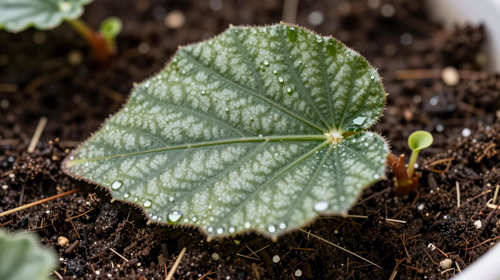 Bouture de feuille de Bégonia avec incisions sur les nervures et plantules émergentes