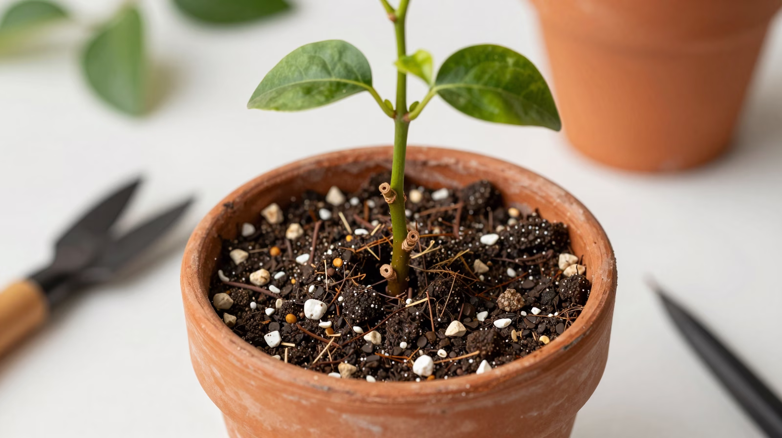 Bouture de tige de bougainvillier préparée pour l'enracinement en pot avec substrat drainant