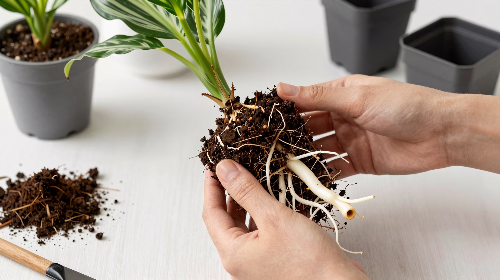 Division des touffes de Calathea avec rhizomes et racines visibles