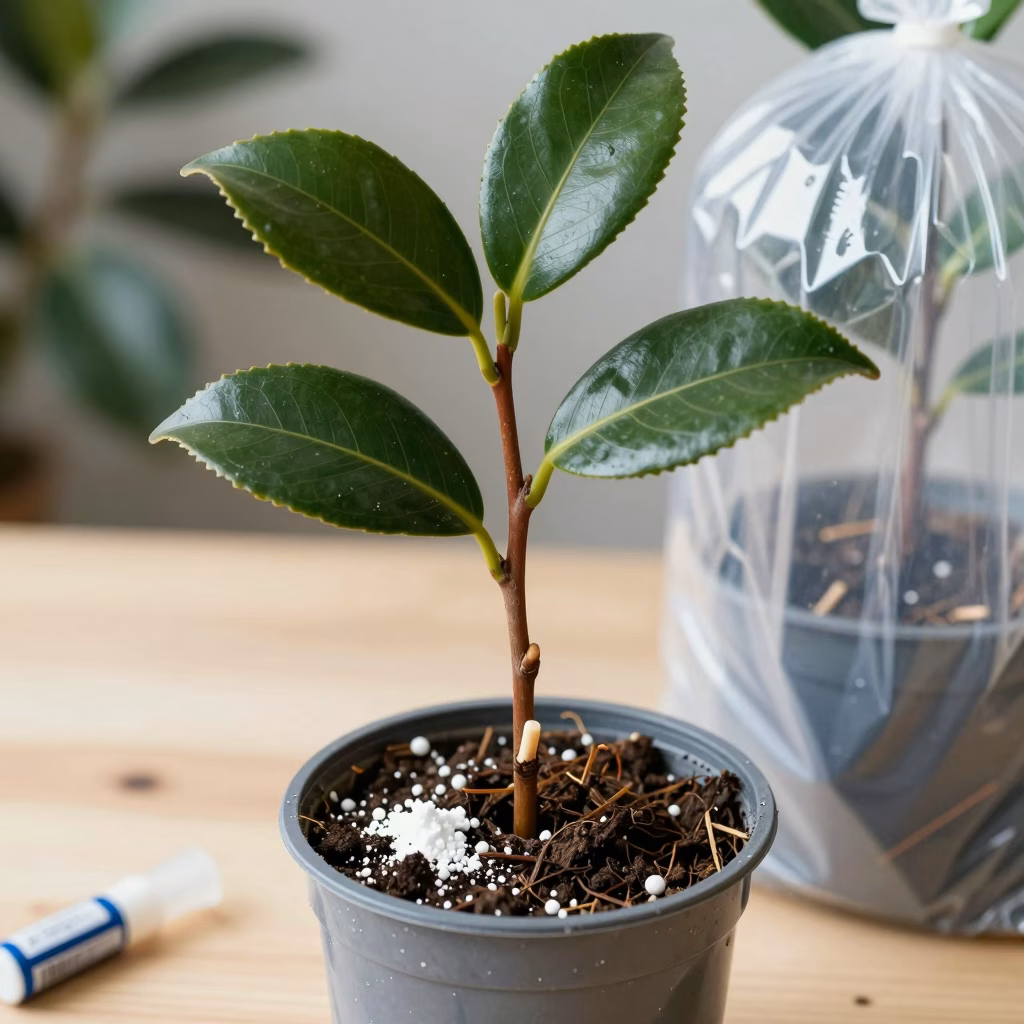 Bouture de camélia en cours d'enracinement dans un substrat adapté