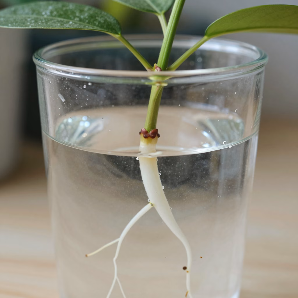 Bouture de ch&egrave;vrefeuille du Japon dans un verre d&rsquo;eau montrant le d&eacute;veloppement des racines adventives apr&egrave;s trois &agrave; quatre semaines