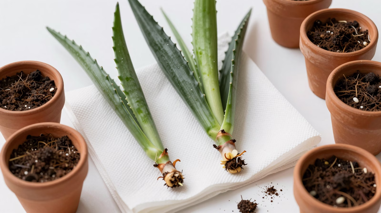 Boutures de Crassula ovata en cours de cicatrisation avant plantation