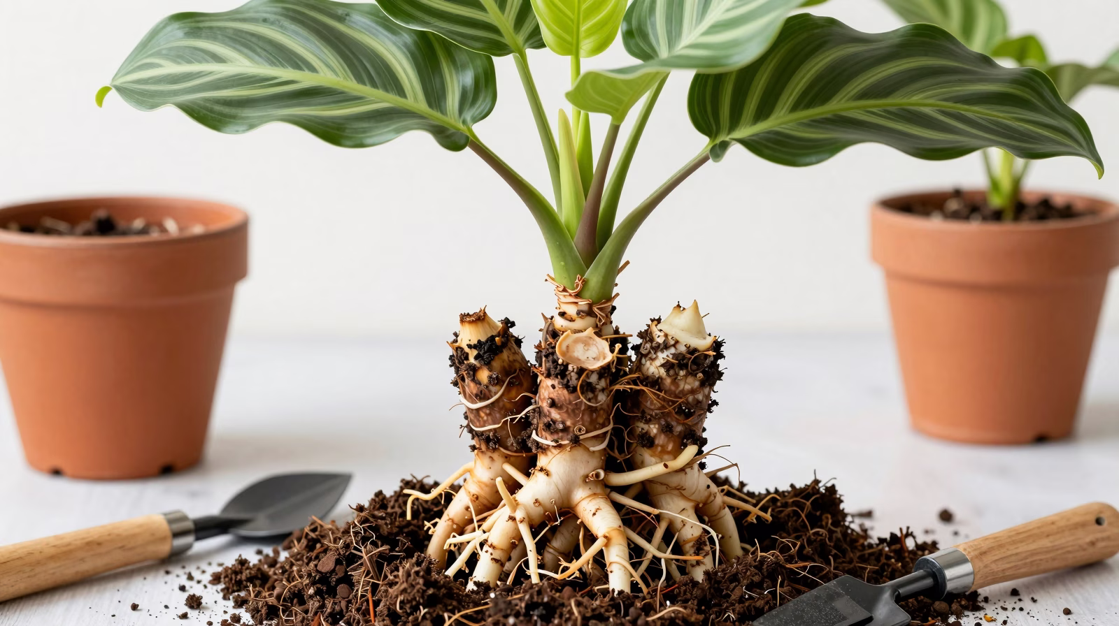 Division de touffe de Ctenanthe burle-marxii montrant les rhizomes et racines saines