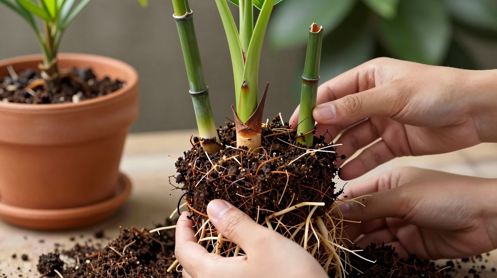 Division d'un Palmier Areca montrant les rejets et le système racinaire