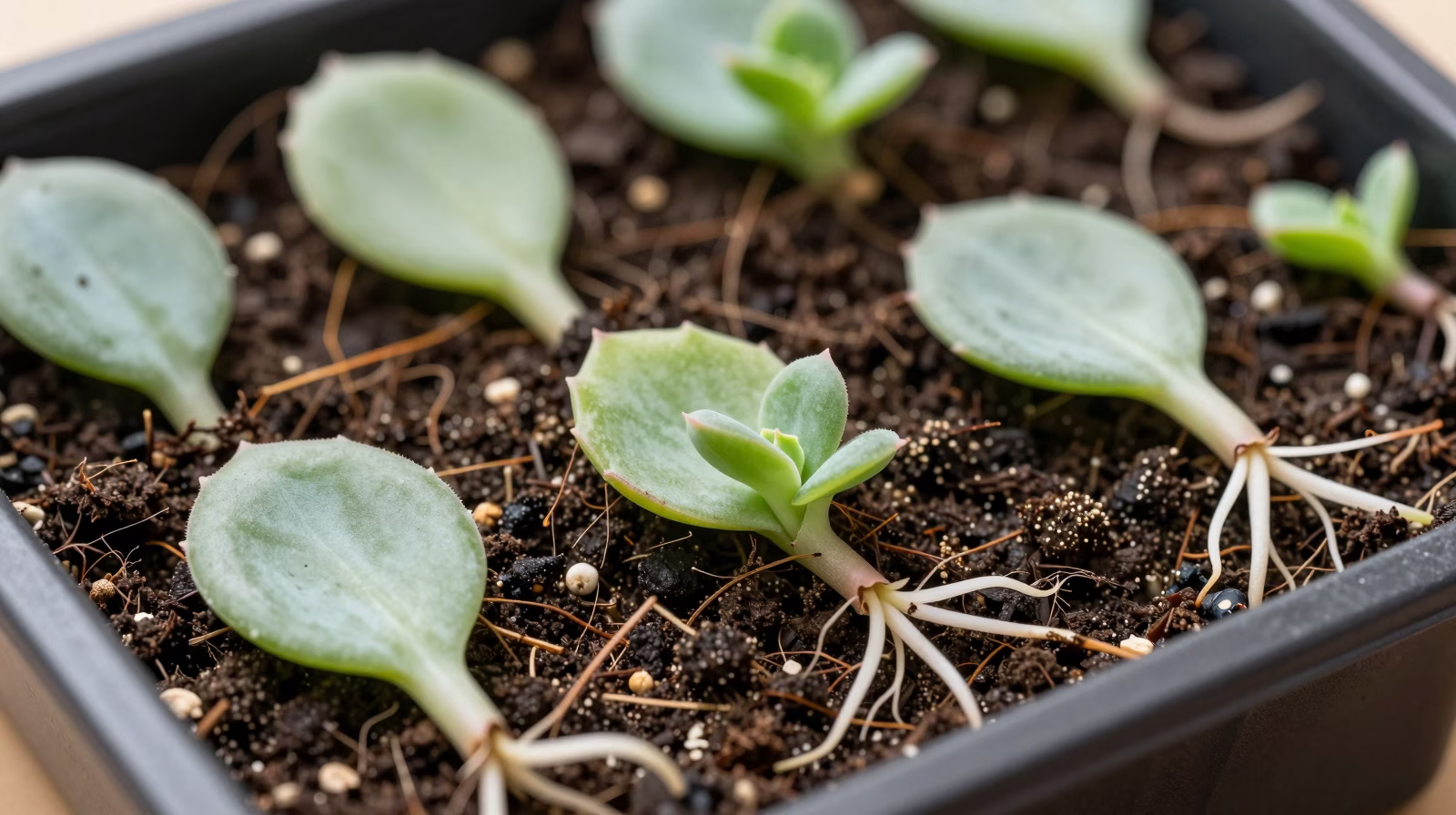 Boutures de feuilles d'Echeveria en cours d'enracinement