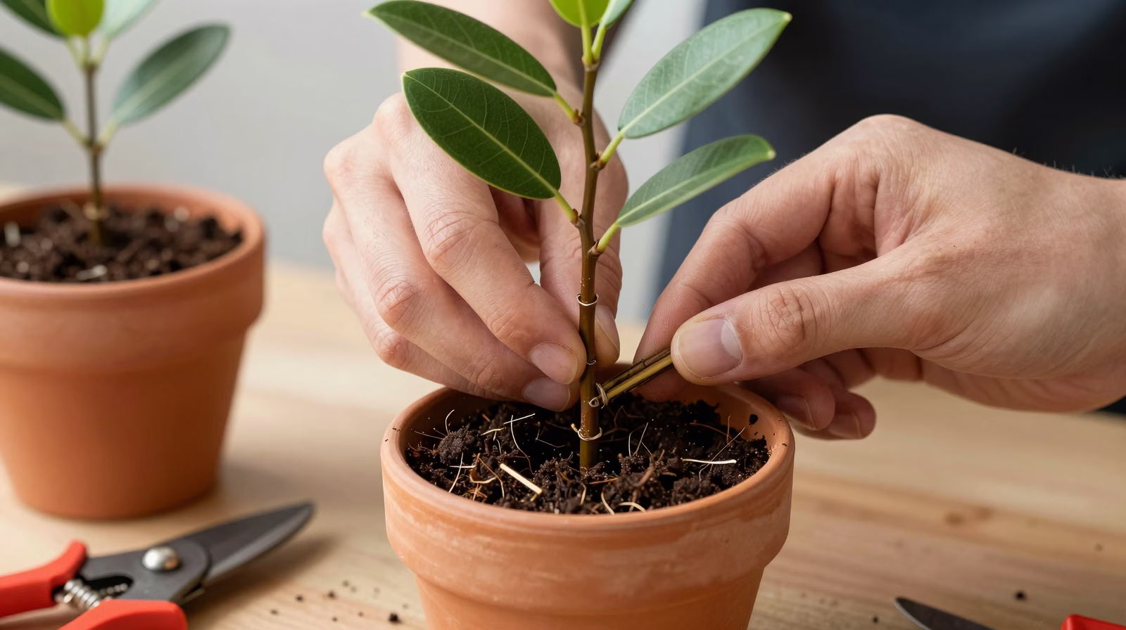 Plantation d'une bouture de Ficus benjamina en terre avec mini-serre