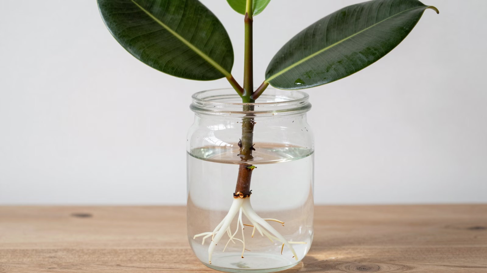 Bouture de Ficus elastica dans l'eau montrant le latex et les premières racines