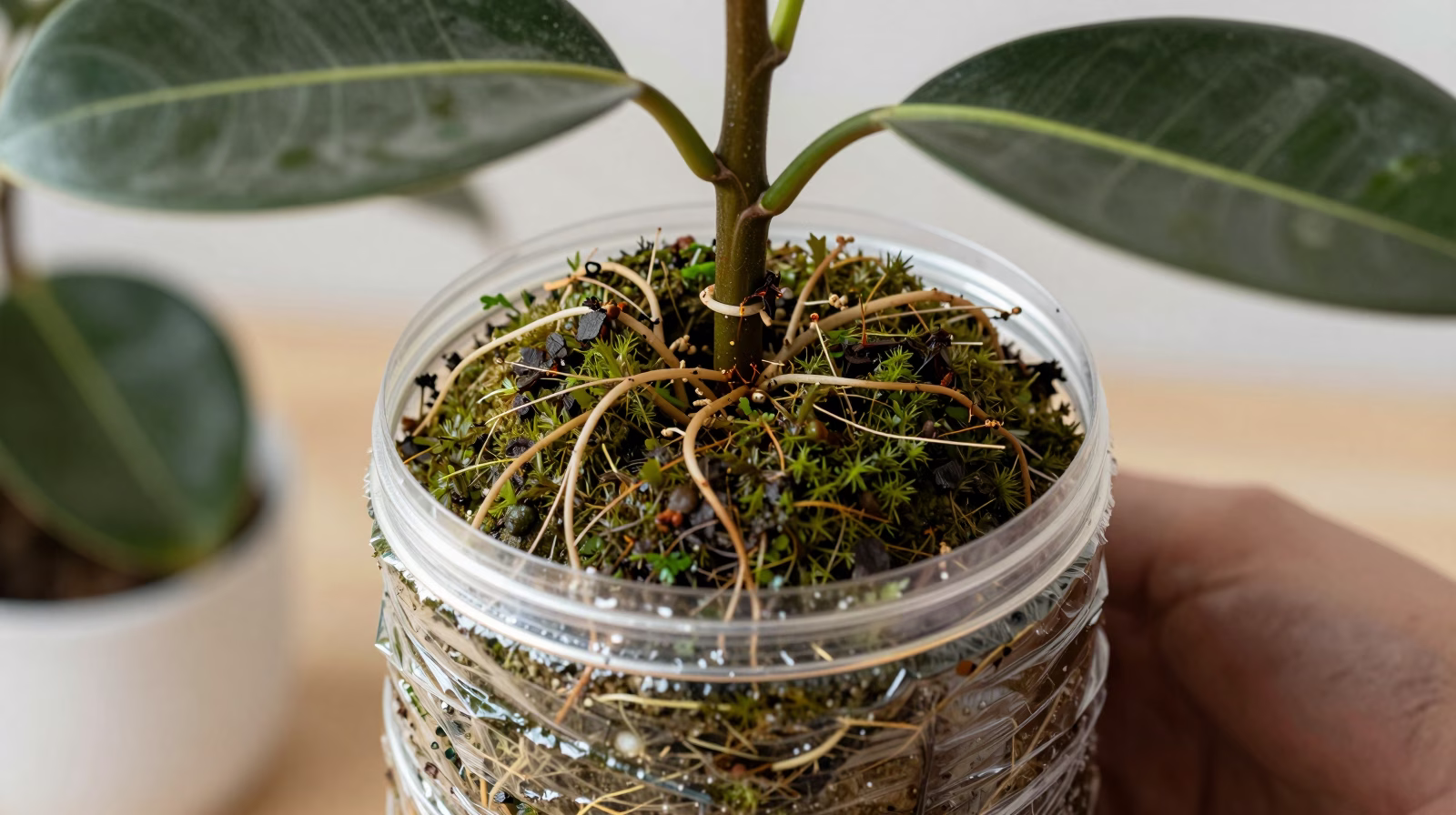 Technique de marcottage aérien sur Ficus elastica avec sphaigne