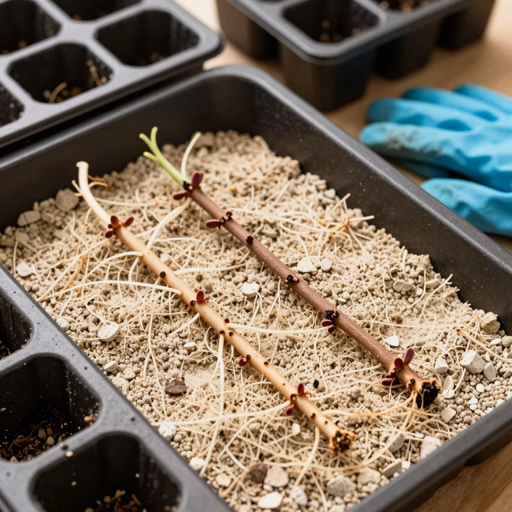 Division de drageons de framboisier avec racines visibles prêts à être replantés