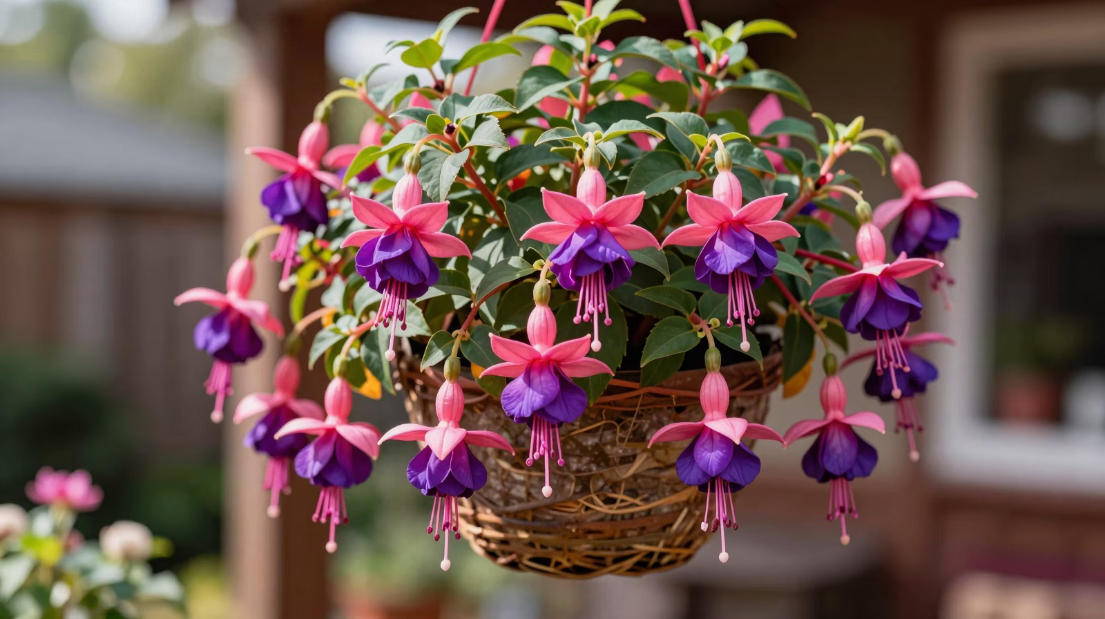 Fuchsia en pleine floraison avec ses fleurs pendantes bicolores rose et violet dans un jardin ombragé