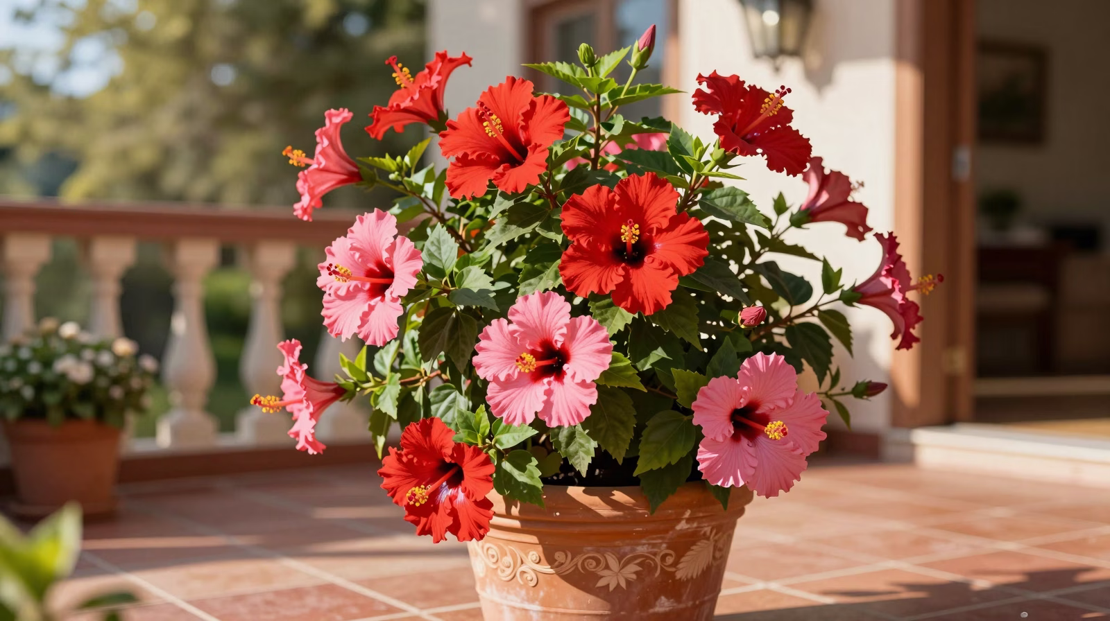 Hibiscus mature en pleine floraison sur une terrasse ensoleillée
