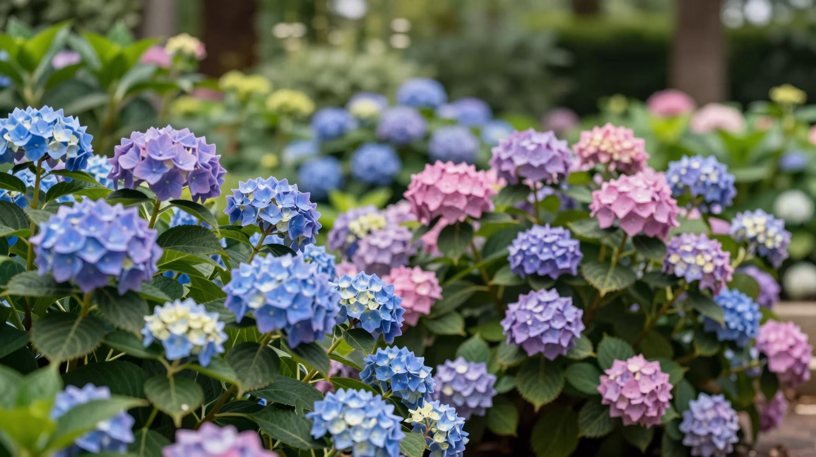 Massif d'hortensias en pleine floraison dans un jardin français
