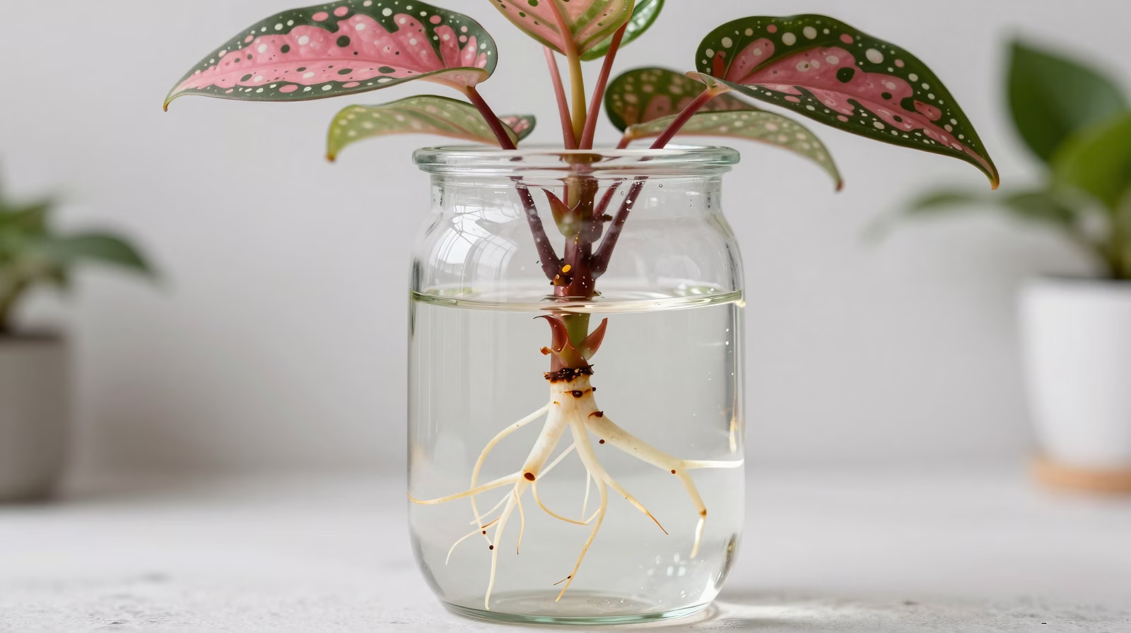 Bouture d'Hypoestes dans l'eau avec développement racinaire visible