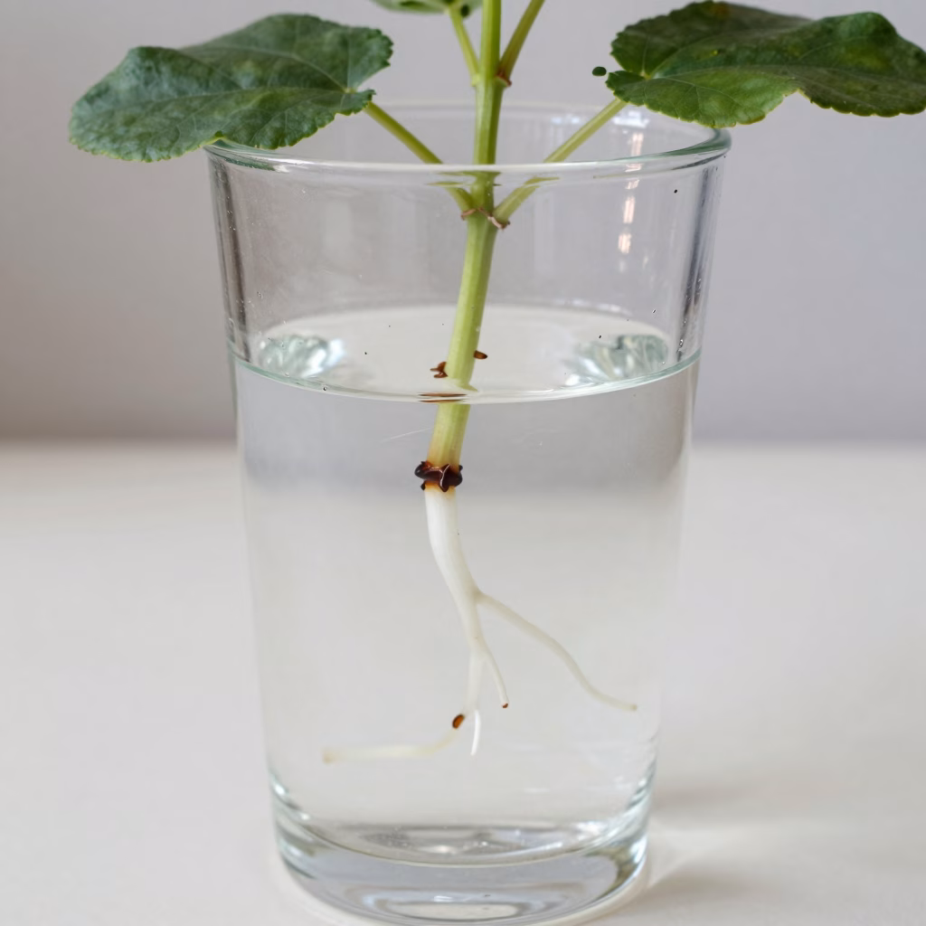 Bouture d'Impatiens walleriana dans l'eau avec racines blanches