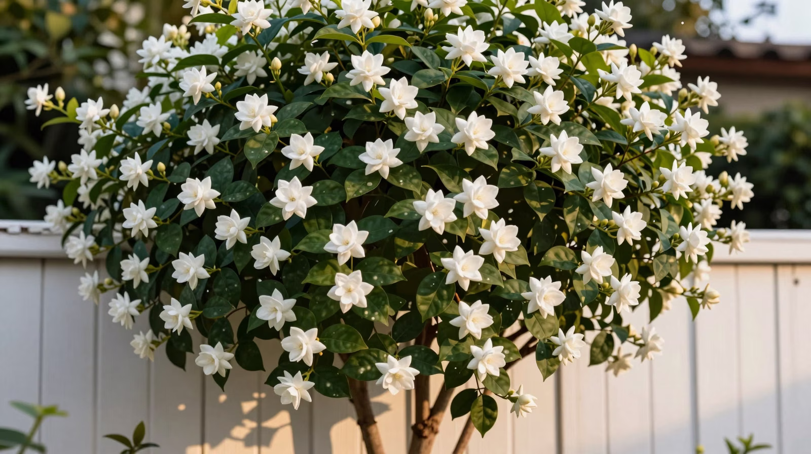 Jasmin étoilé en pleine floraison couvrant une clôture avec ses fleurs blanches étoilées et parfumées