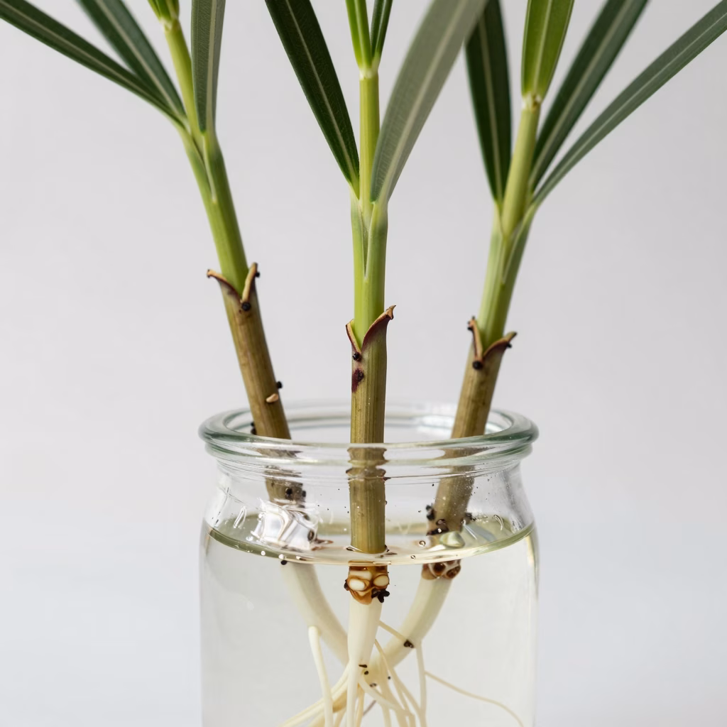 Bouture de laurier rose (Nerium oleander) en cours d'enracinement dans l'eau