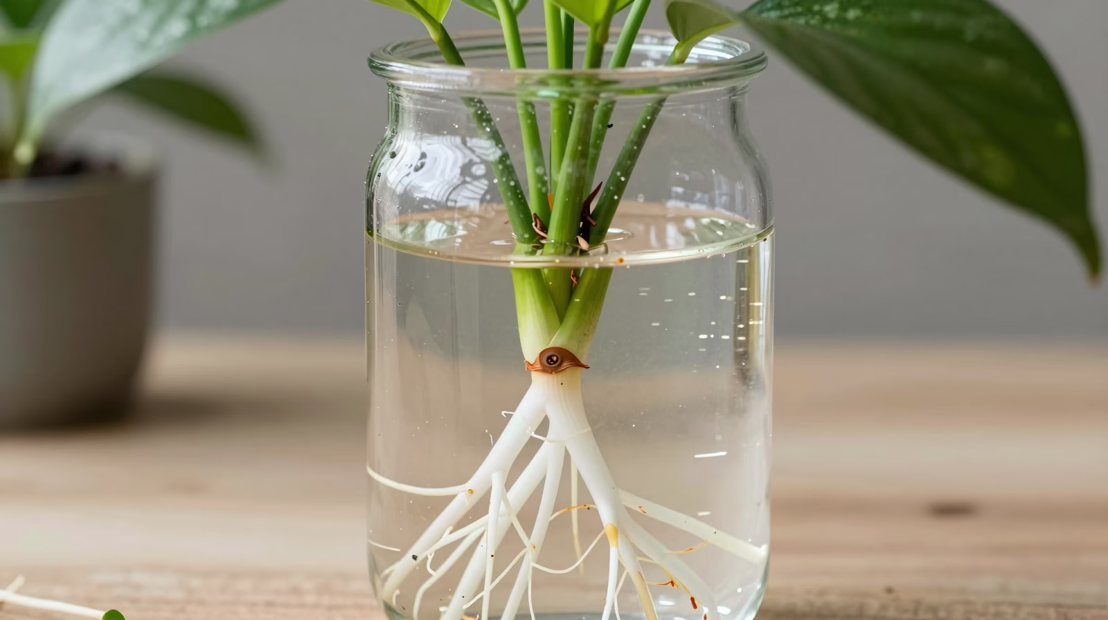 Bouture de Maranta dans l'eau avec racines visibles
