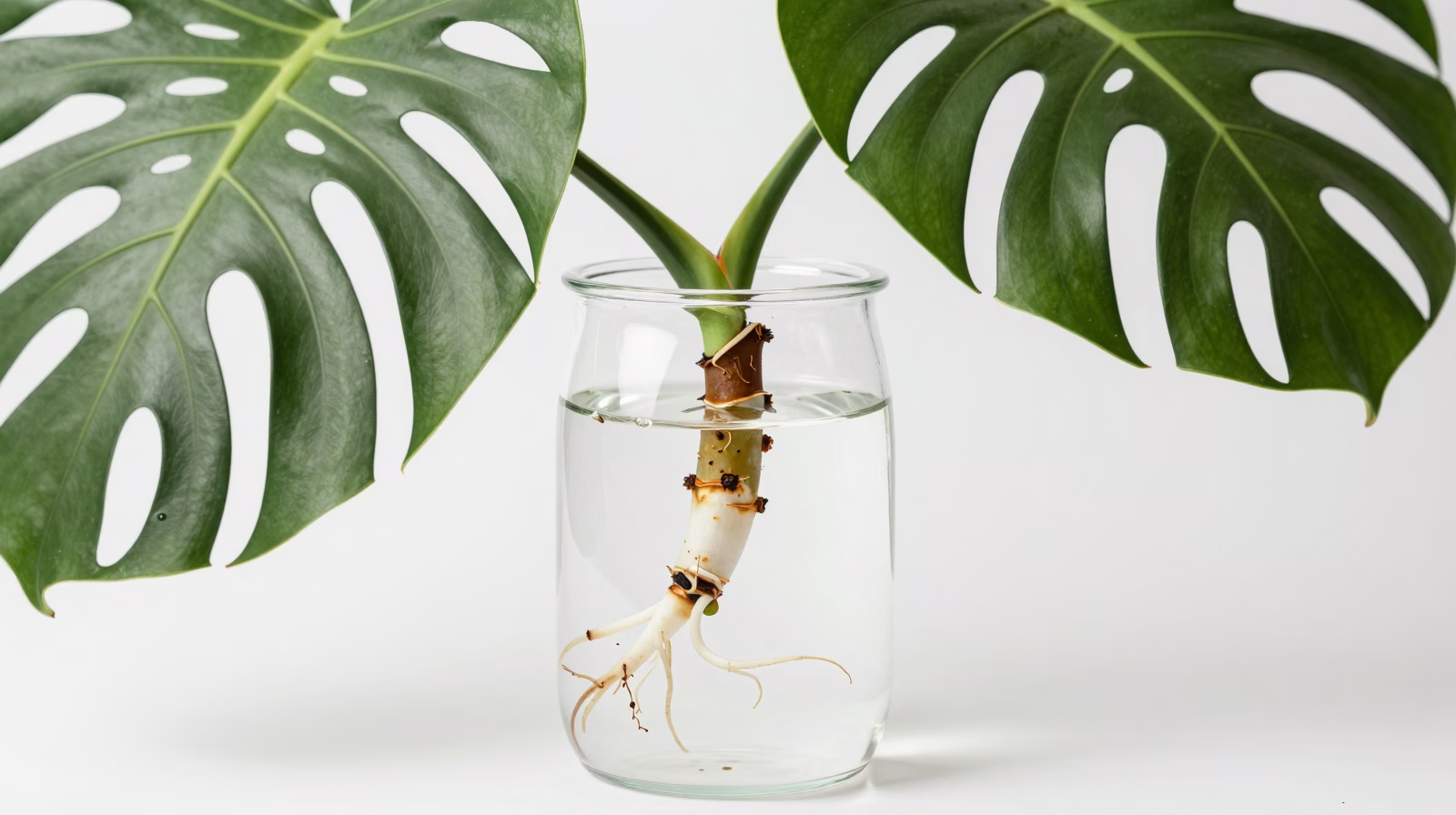 Bouture de Monstera adansonii développant des racines dans l'eau
