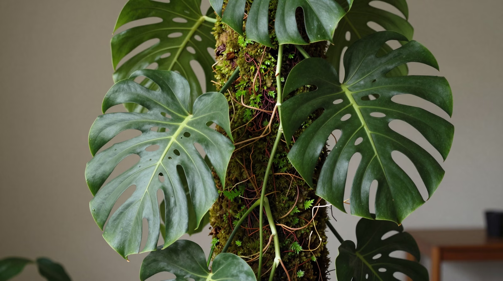 Monstera adansonii grimpant sur un tuteur en mousse