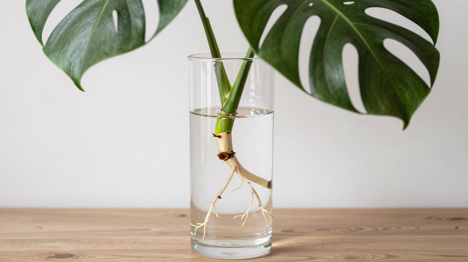 Bouture de Monstera deliciosa dans l'eau avec racines aériennes