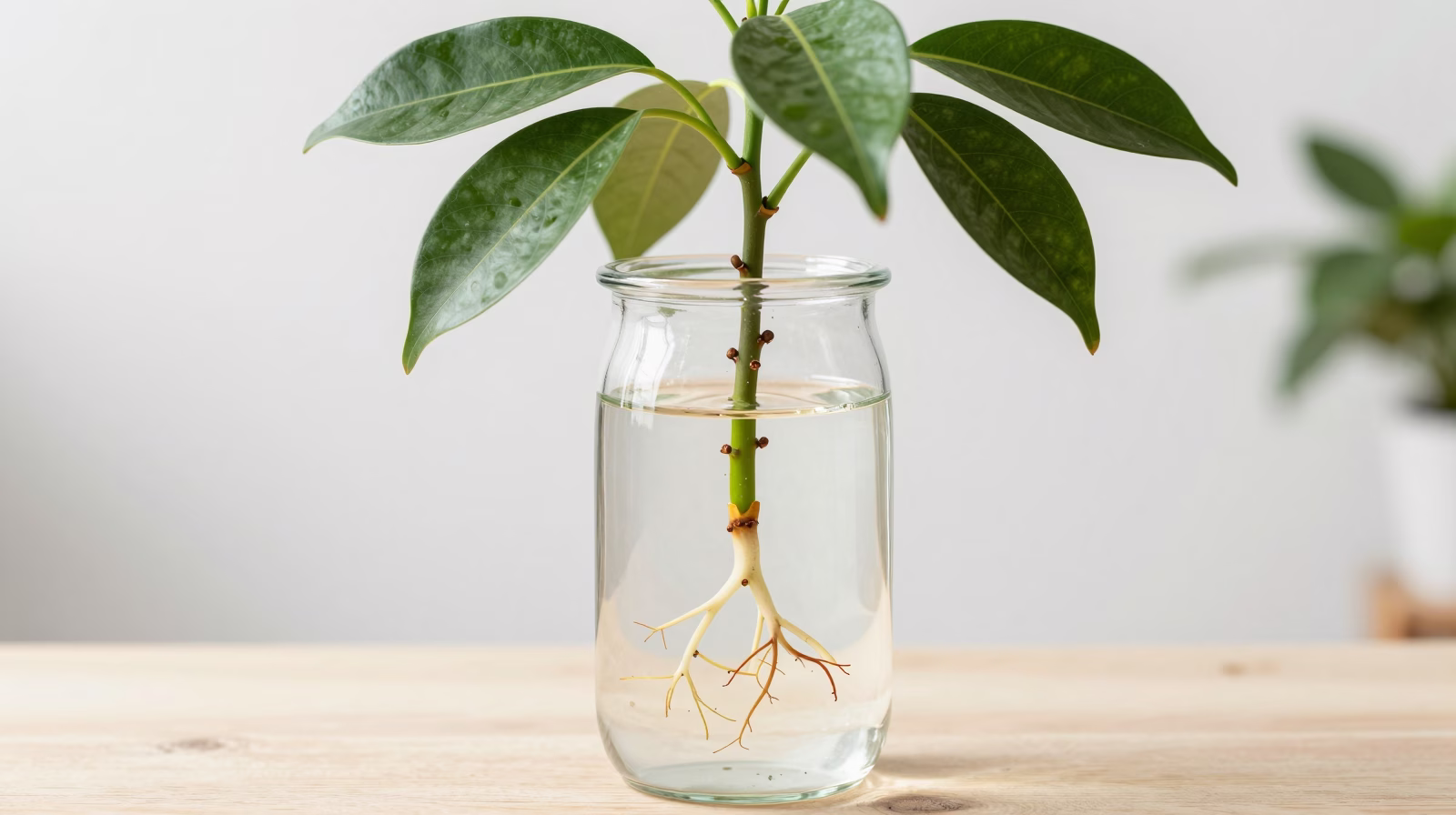 Bouture de Pachira aquatica dans l'eau montrant le développement des racines