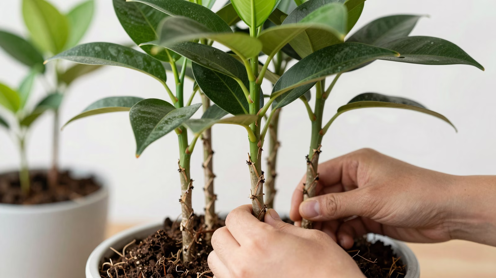 Jeunes plants de Pachira aquatica avec troncs tressés en cours de formation