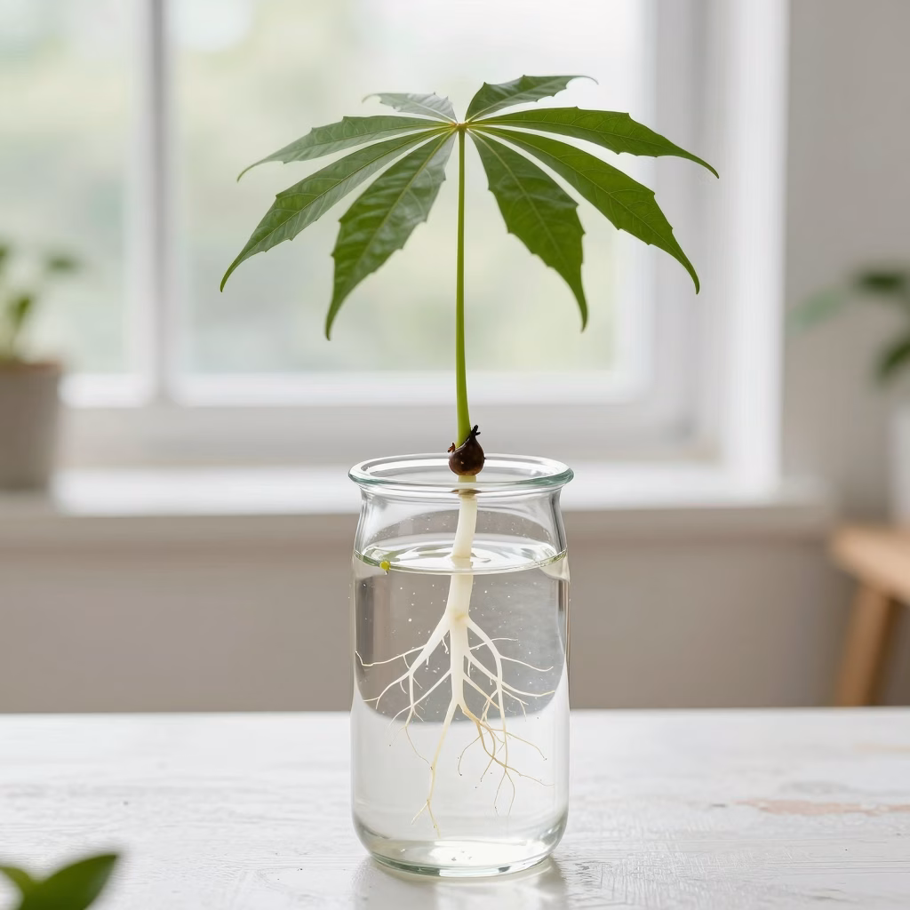 Bouture de papyrus retournée dans l'eau avec racines