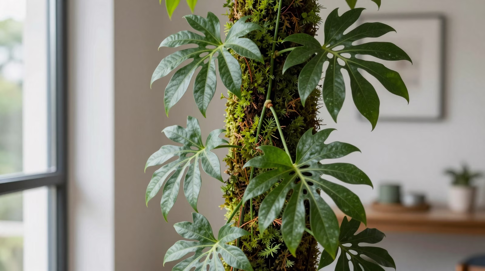Rhaphidophora tetrasperma grimpant sur un tuteur mousse