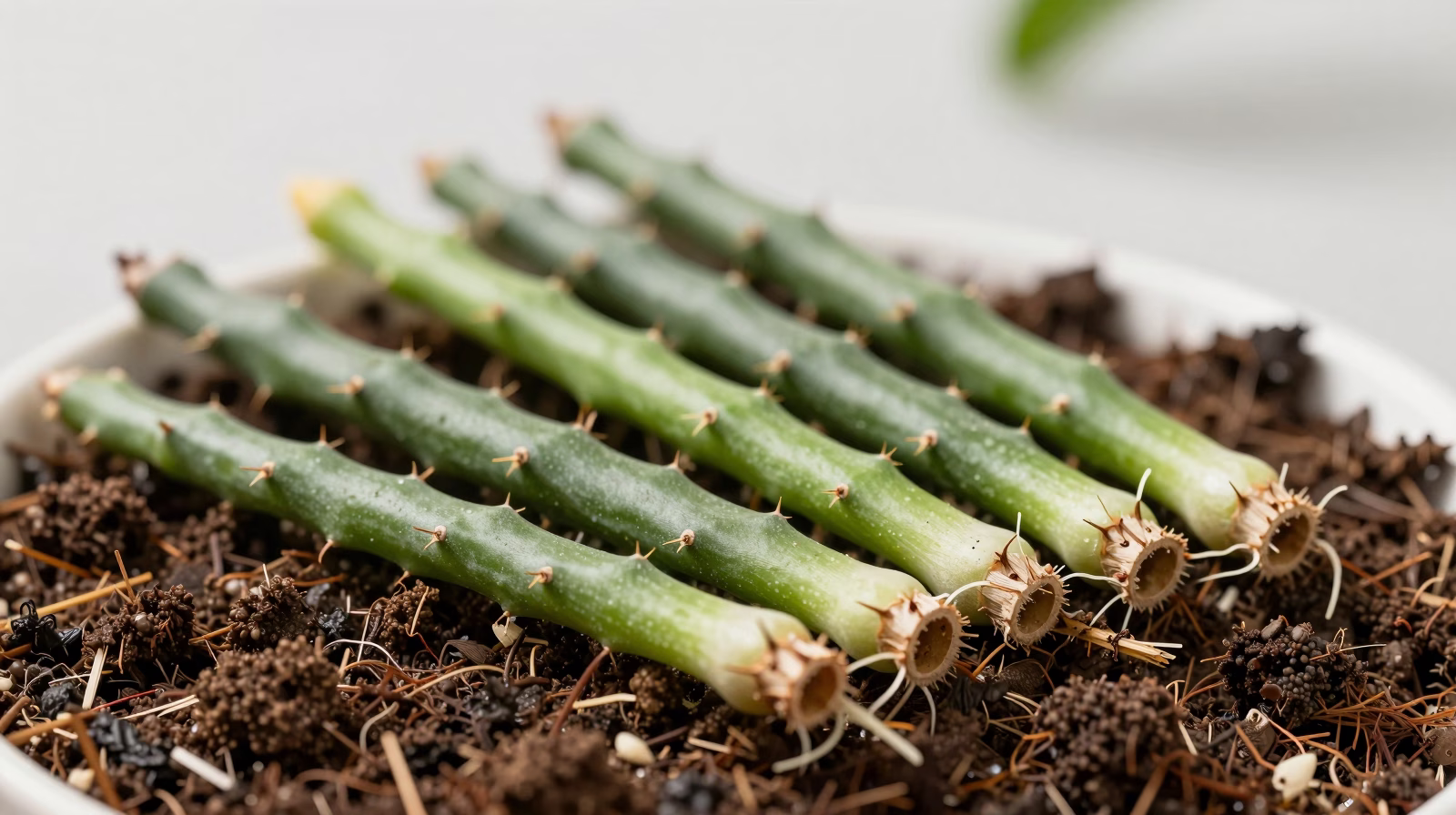 Boutures de Rhipsalis prêtes à être plantées avec coupes cicatrisées