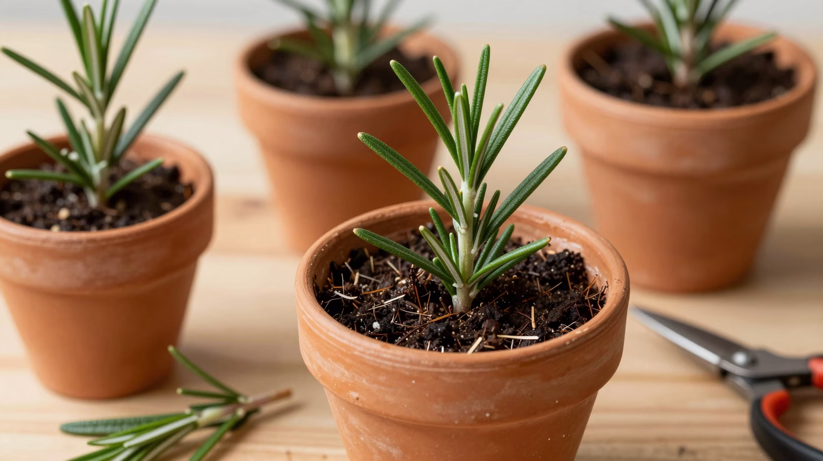 Boutures de tige de romarin préparées pour le bouturage en godets