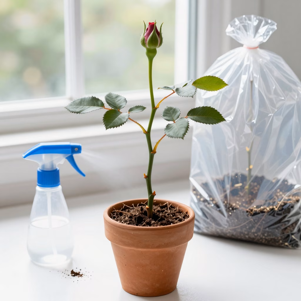 Bouture de rosier en cours d'enracinement dans un substrat humide