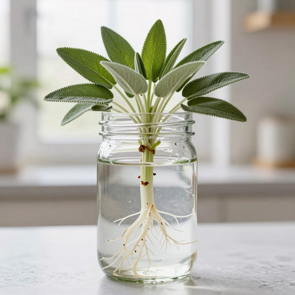 Étapes de bouturage de la sauge officinale montrant la coupe de tige et la mise en substrat