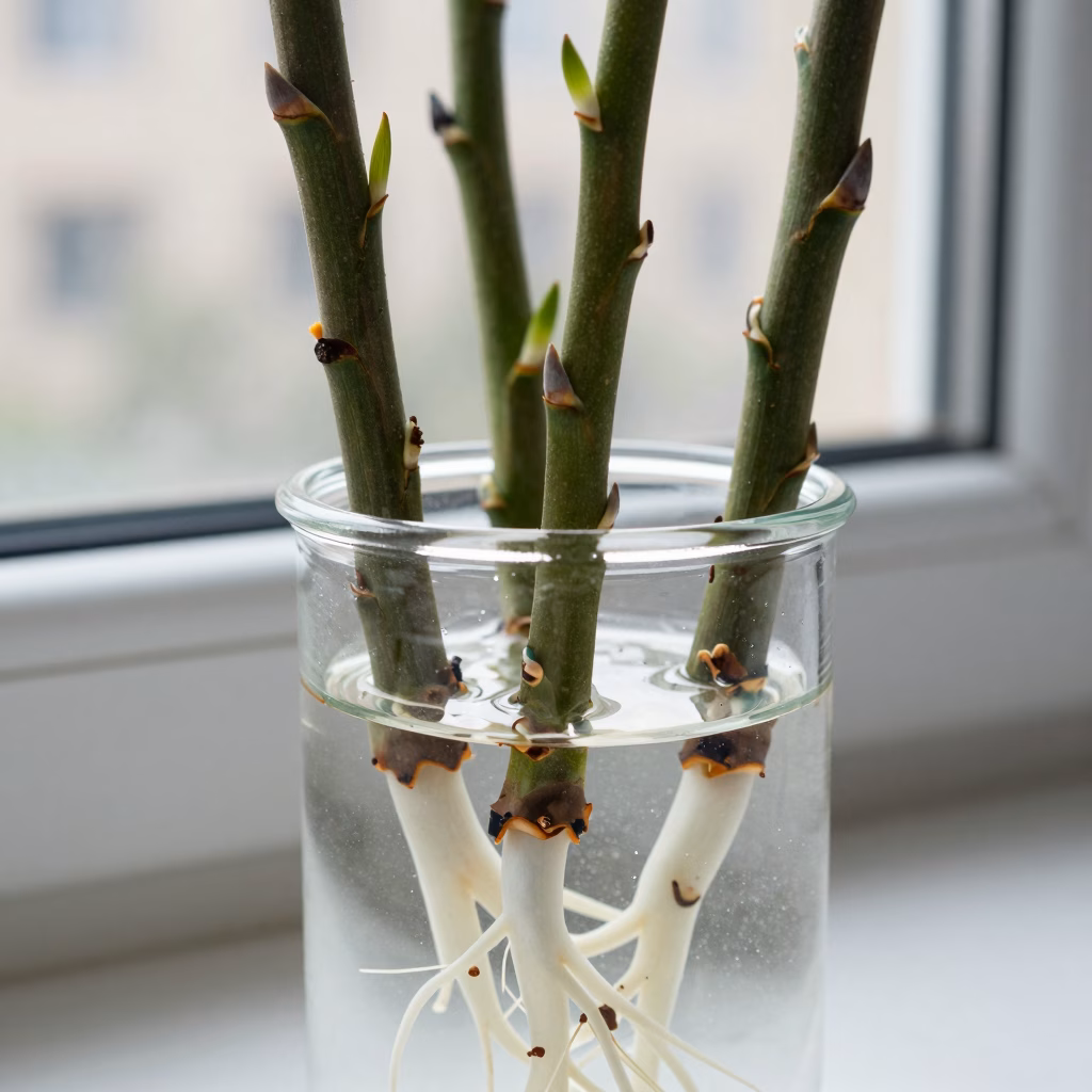 Bouture de saule blanc dans l&rsquo;eau avec d&eacute;veloppement de racines blanches