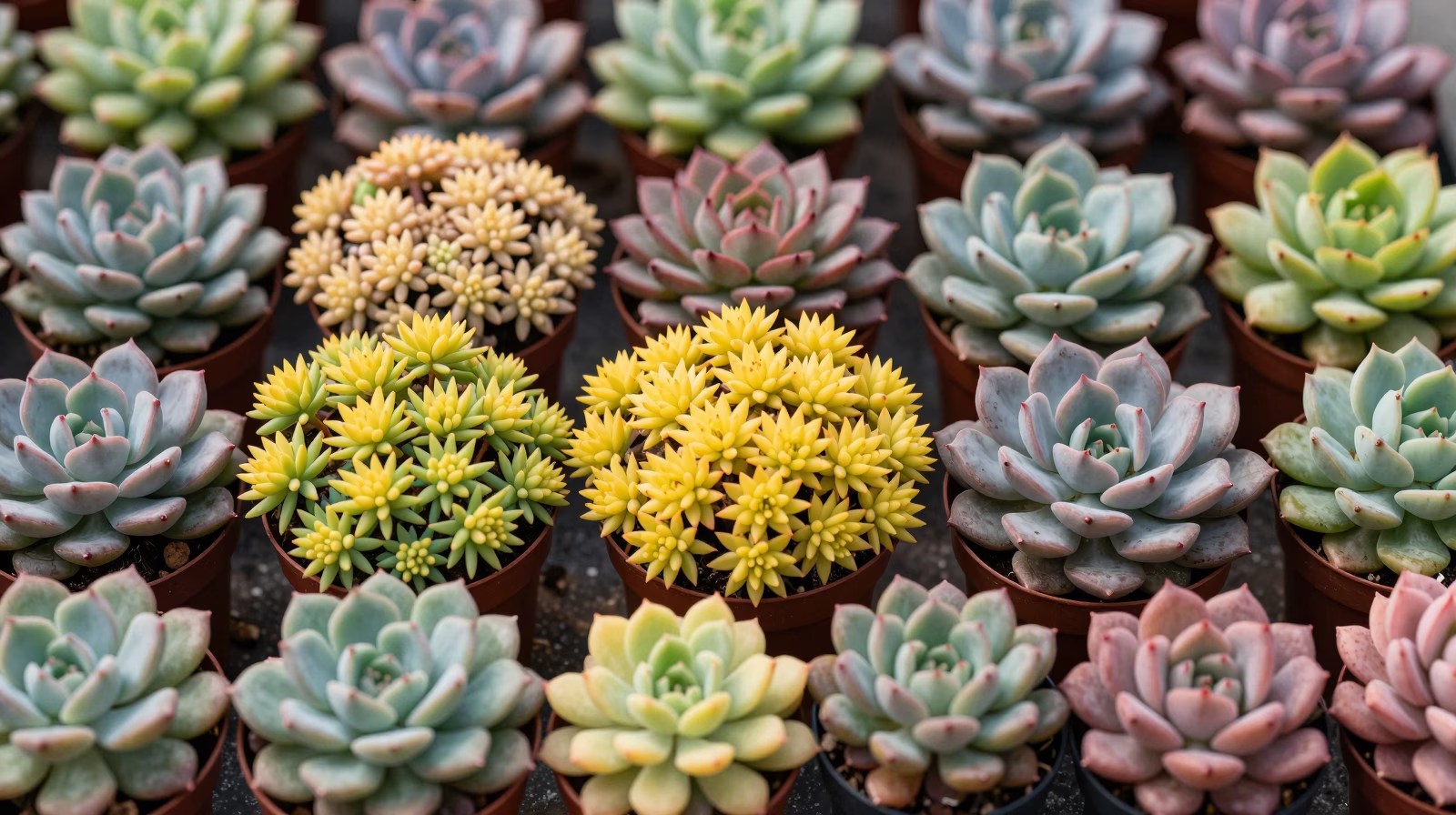 Collection de différentes variétés de Sedum aux couleurs variées