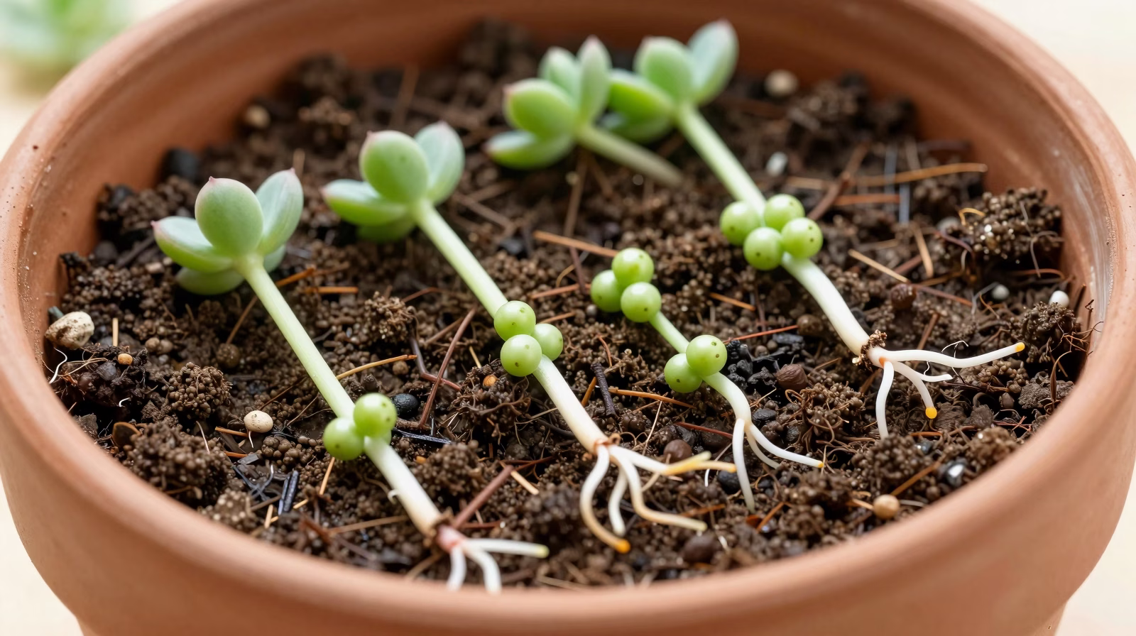 Boutures de Collier de perles posées sur le substrat pour enracinement