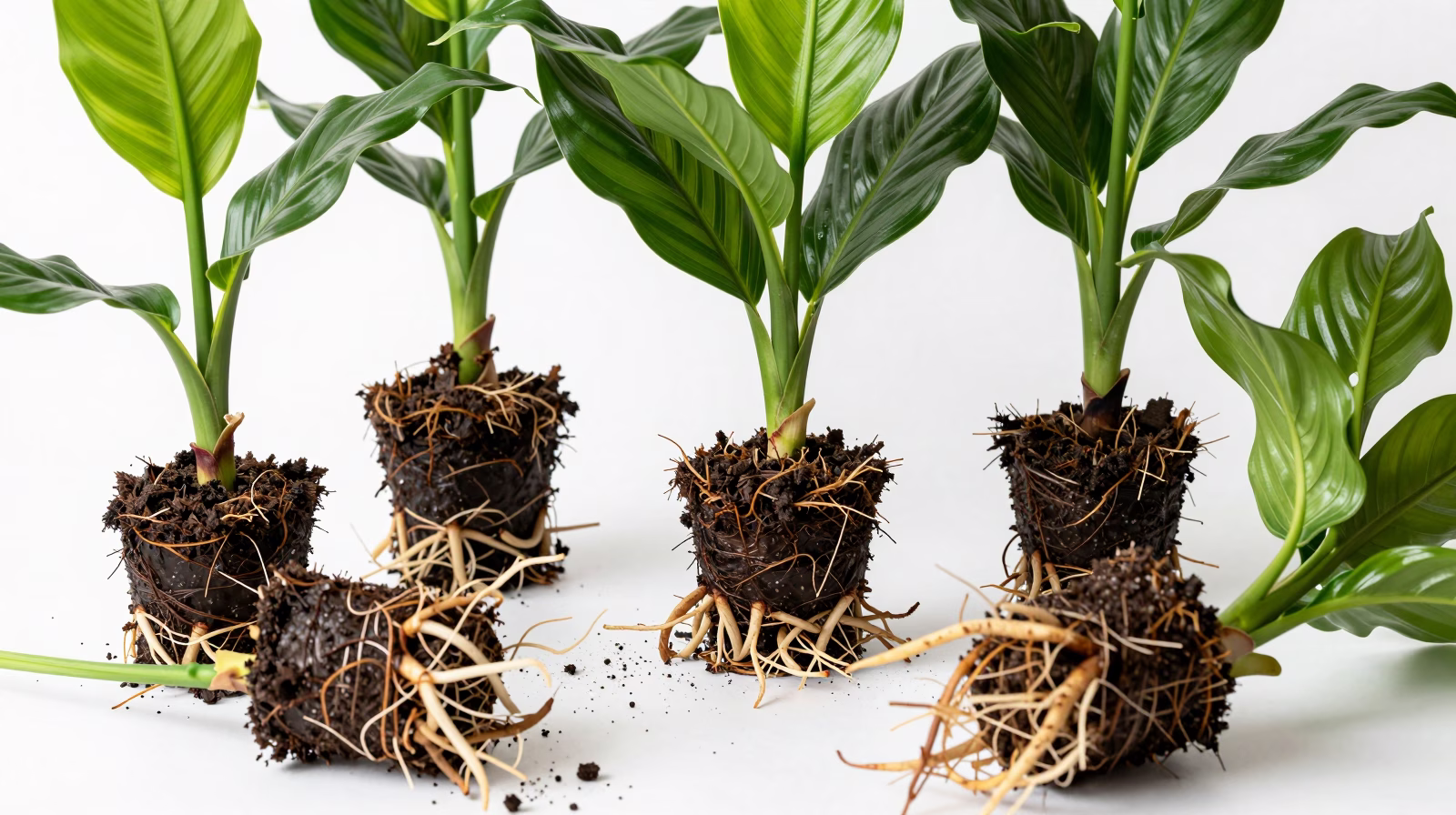 Division de Spathiphyllum montrant les rhizomes et racines