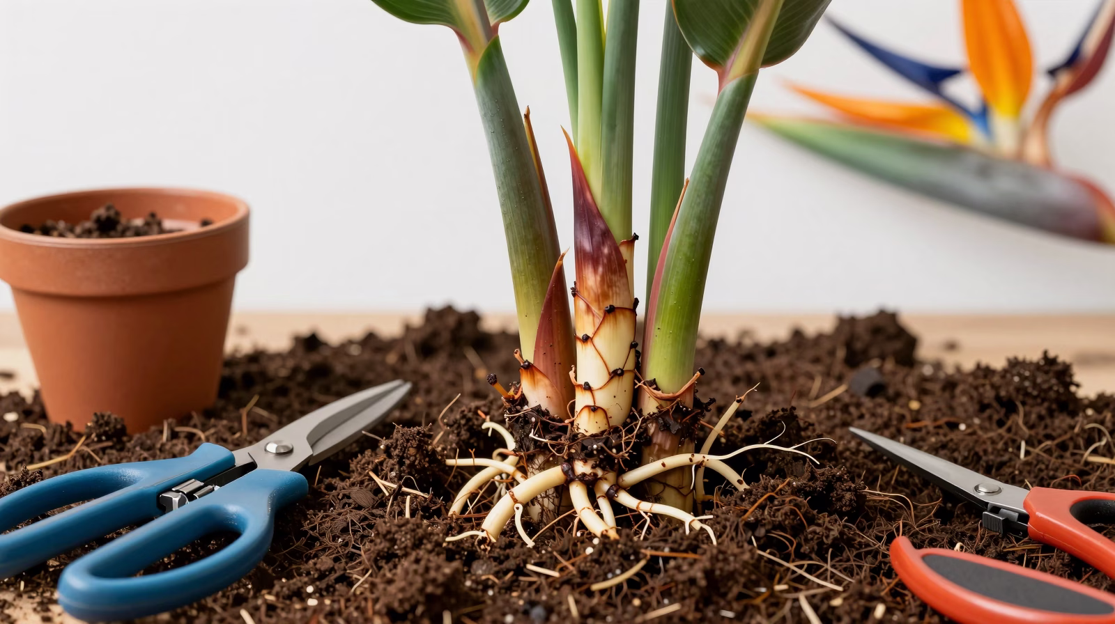 Division de touffe de Strelitzia reginae montrant les rhizomes et racines saines