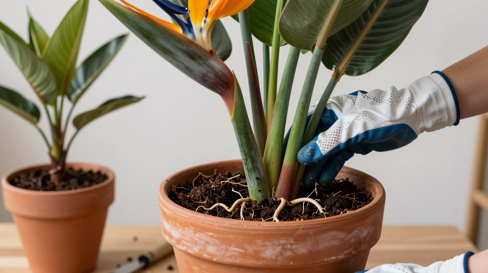 Rempotage d'une division de Strelitzia dans un substrat drainant