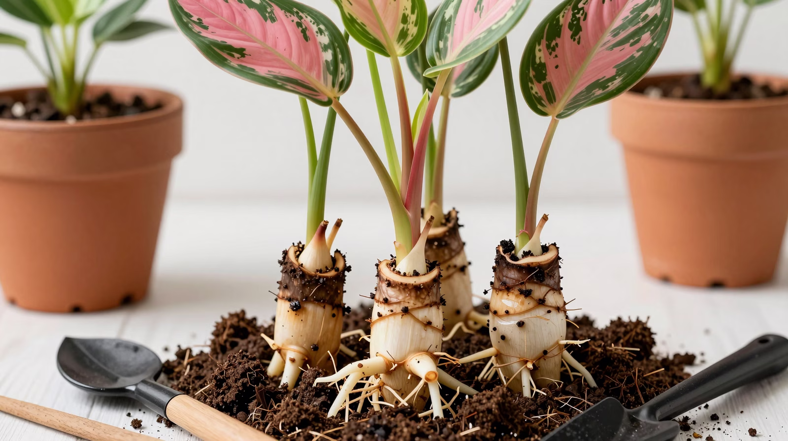 Division de touffe de Stromanthe Triostar montrant les rhizomes et racines