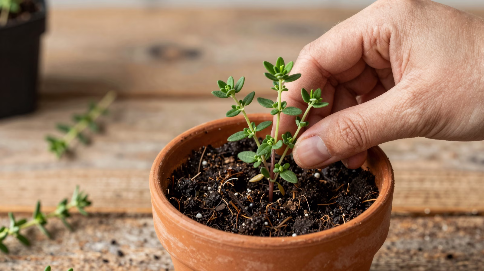 Bouture de tige de thym plantée dans un pot en terre cuite avec substrat sableux