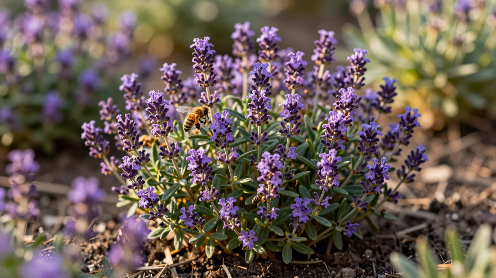 Plant de thym en fleurs dans un jardin méditerranéen avec abeilles butinant